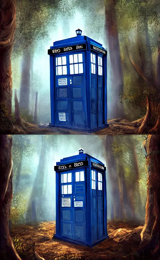 Image similar to a portrait of a tardis, in the woods, dynamic lighting, photorealistic fantasy concept art, trending on art station, stunning visuals, creative, cinematic, ultra detailed