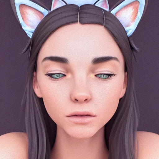 Image similar to Perfectly-Centered Portrait of a Young Woman Wearing Fake-Cat-Ears and t-shirt and shorts, intricate, elegant, super highly detailed, professional digital painting, artstation, concept art, smooth, sharp focus, no blur, no dof, extreme illustration, Unreal Engine 5, Photorealism, HD quality, 8k resolution, cinema 4d, 3D, beautiful, cinematic, art by artgerm and greg rutkowski and alphonse mucha and loish and WLOP