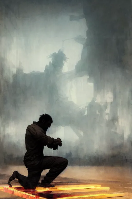 Image similar to man kneeling at the foot of a wooden cross, dramatic lighting art by Yoji Shinkawa by Richard Schmid by greg rutkowski by Sandra Chevrier by Jeremy Lipking cinematic dramatic, by frank miller, illustration by Ruan Jia and Mandy Jurgens and William-Adolphe Bouguereau, Artgerm, 4k, digital art, surreal, space dandy style, highly detailed, godsend, artstation, digital painting, concept art, smooth, sharp focus, illustration by Ruan Jia and Mandy Jurgens and William-Adolphe Bouguereau, Artgerm