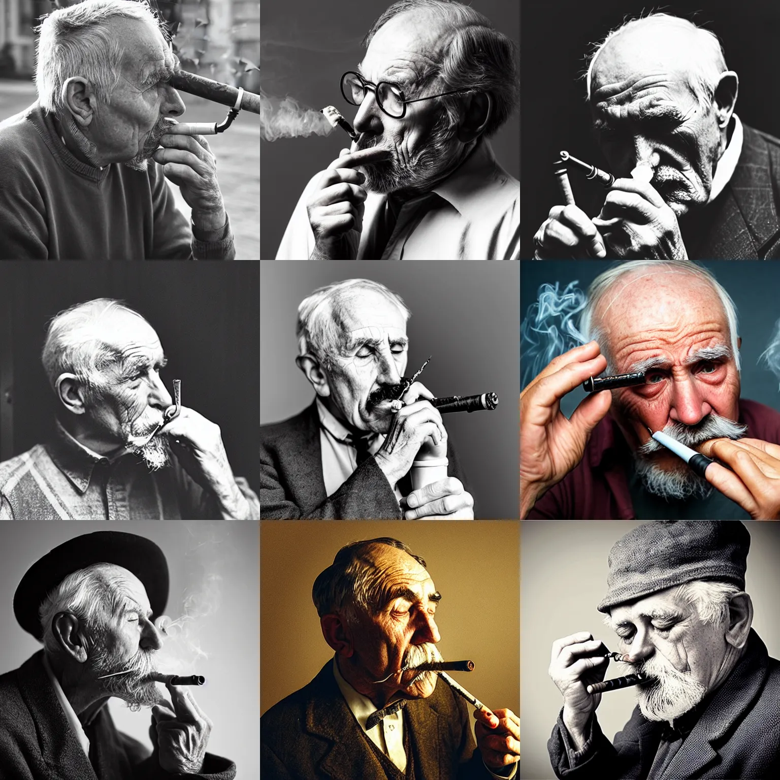 Prompt: photo of a sad old man smoking a pipe