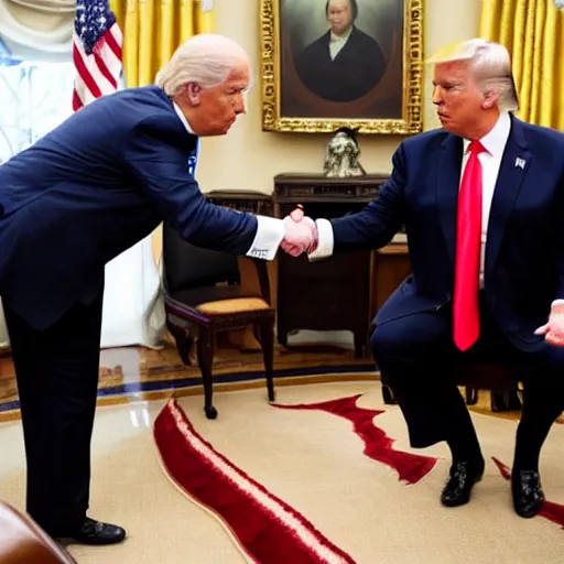 Prompt: photo of donald trump shaking joe bidens hand, gracefully accepting election results. conceding.