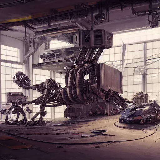 Prompt: interior shot, scifi robot repair garage workshop, robot skeleton, james gurney, katsuhiro otomo, james paick, cinematic lighting, artstation, vibrant nature, anime style, Craig Mullins, Greg Rutkowski, Pete Morbacher, Tuomas Korpi, tekkon kinreet, volumetric light, artstation, , octane render, redshift render, low angle camera no depth of field