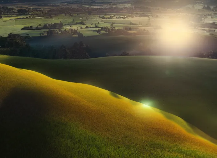 Prompt: green and yellow fields, a hill, under a blue sky, Photography, Filmic, DSLR, Wide Angle, Lens Flare, 8K, Sunlight, Cinematic Lighting, Artstation, Unreal Engine