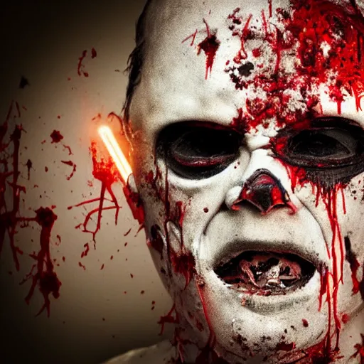 Image similar to darth vader with his mask off his face is rotting zombie face with holes and fat and tissue and blood showing from battle wounds cinematic hdr