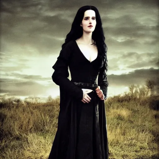 Prompt: portrait of a young eva green as yennefer from the witcher wearing black robes