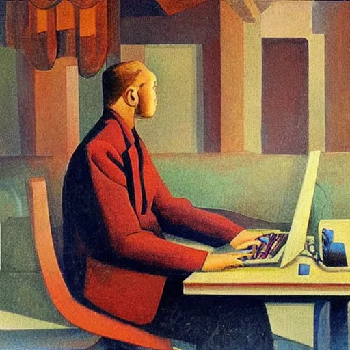 Image similar to detailed intricate soviet realism painting of webdesigner with laptop, heroic, beautiful