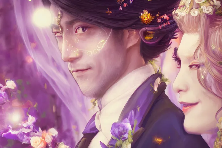 Image similar to a cinematic portrait of wedding photograph jpeg close up moment of a divine a japan sun god and moon goddess lovers magician at a wedding banquet. portraiture. digital painting. artstation. concept art. fantasy wedding photo. digital painting, 8 k realistic, hyper detailed, violet evergarden art masterpiece by art by krenz cushart