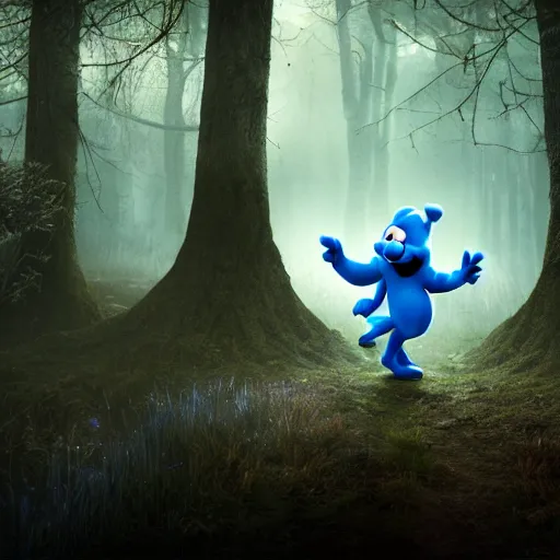 Image similar to demonic smurfs in magical forest, dark atmosphere, high detail, 8 k