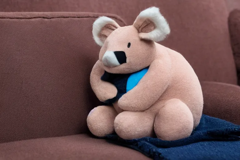 Image similar to a high quality 3 5 mm photo of a pink chubby stuffed animal kangaroo with dark blue shirt sitting on a couch, an ultrafine detailed photo, trending on artstation, sharp focus, baby toy