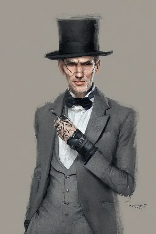 Image similar to a young man grey hair with stubble top hat and suit by Greg Rutkowski, painting, portrait, high details, trending on artstation