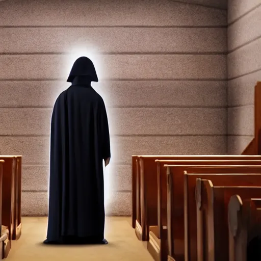 Image similar to emperor palpatine preaching to people at church, 8k cinematic lighting, very sharp detail, anatomically correct