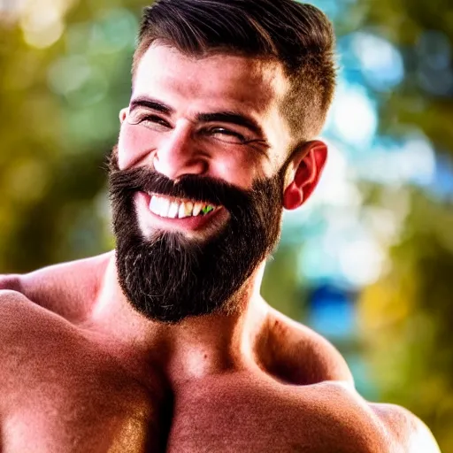 Image similar to Vivid color photography of a very muscular man smiling with a chiseled jawline and trimmed beard