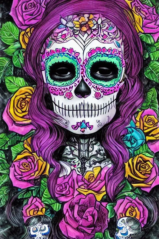 Image similar to illustration of a sugar skull day of the dead girl, art by jim lee