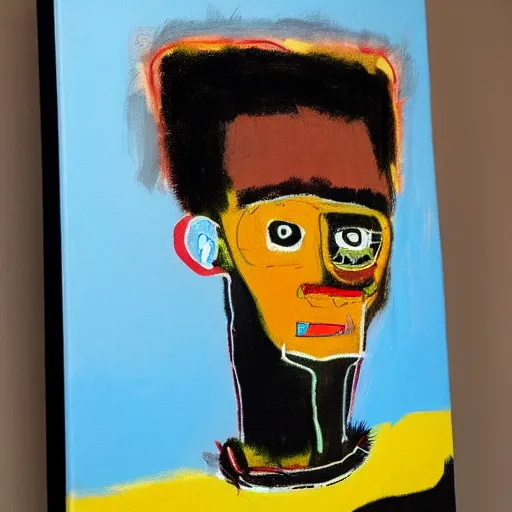 Prompt: a portrait made by Basquiat of a male guy with little beard big lips big nose style paint canvas materical