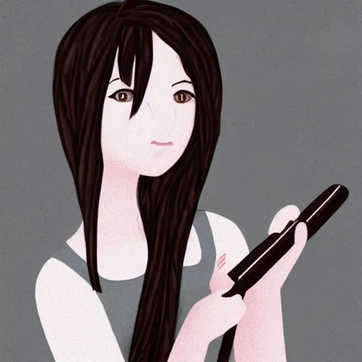 Prompt: a character portrait of a 1 4 - year old weirdo girl holding a knife pen, ponytail, digital art