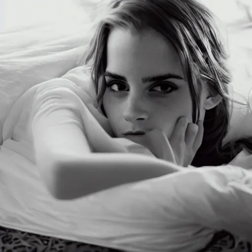 Image similar to emma watson photo in the style of sam haskins, on the bed around the flowers