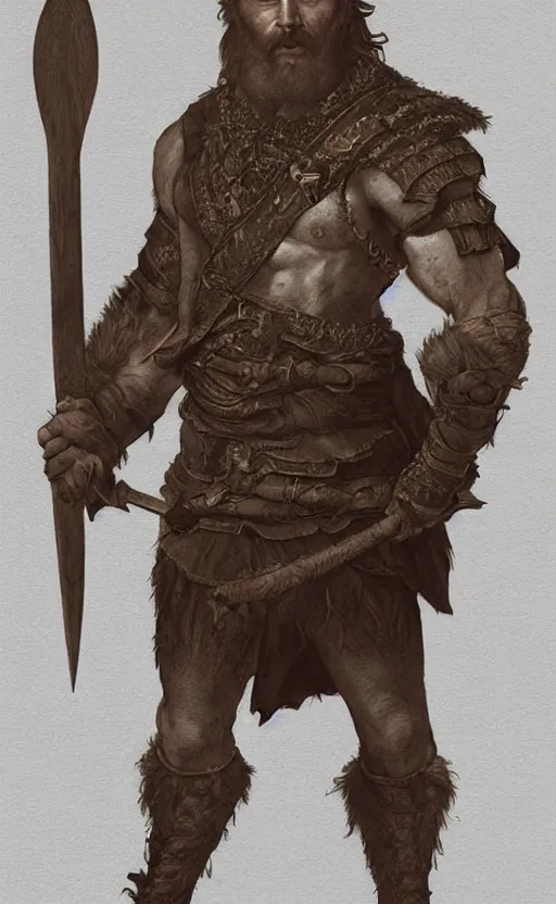 Image similar to renaissance full body portrait of a gruff ranger with a spear, lean and toned, handsome face, hairy chest and hairy body, D&D, intricate, elegant, highly detailed, digital painting, artstation, concept art, matte, sharp focus, chiaroscuro, well list, sharp detail, illustration, art by Da Vinci, Artgerm and Greg Rutkowski and Alphonse Mucha