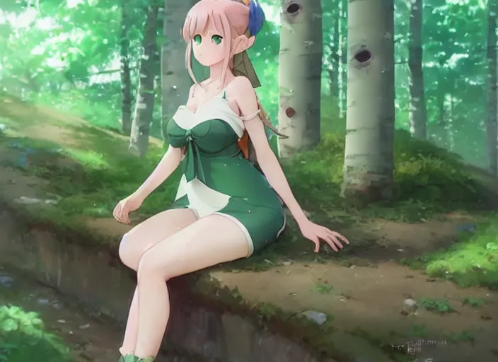 Prompt: a cute thicc elf wearing a tight short moss dress and a bow around her shoulder, with dirt around her feet, standing in an aspen forest, taking in all the beauty, by makoto shinkai an krenz cushart