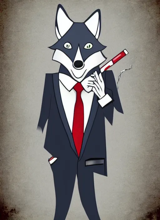 Prompt: anthropomorphic wolf in a suit and tie, smoking a cigarette. Digital art, colorful