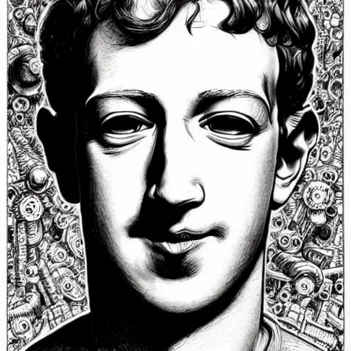 Image similar to the inner self of mark zuckerberg, clockwork engine, psychedelic, lsd, spiritual, mystical, epic beautifully detailed pen, ink and copic markers drawing by milo manara