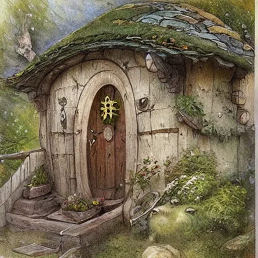 Image similar to hobbit house. muted colors. by Jean-Baptiste Monge style of Jean-Baptiste Monge painted by Jean-Baptiste Monge in art book of Jean-Baptiste Monge, art by Jean-Baptiste Monge, drawings by Jean-Baptiste Monge, paintings by Jean-Baptiste Monge