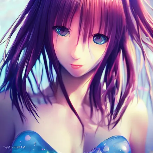 Image similar to photorealistic dramatic liquids anime girl render, detailed face, colorful, atmosphere cinematic, by wlop, by ilyu kuvshinov, soft shadows, be concept art, super detailed, unreal engine 5, octane render, 8 k, super realistic, ufotable studio art style, global illumination, trending in pixiv, japanese light novel cover, visual novel