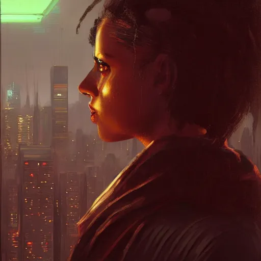 Image similar to portrait of a young beautiful cyberpunk woman, mirror eye implants, black hair in a rough shag, sunset, neuromancer, cyberpunk city background, megacity, gorgeous view, depth, painted by seb mckinnon, high detail, digital art, painted by greg rutkowski, trending on artstation