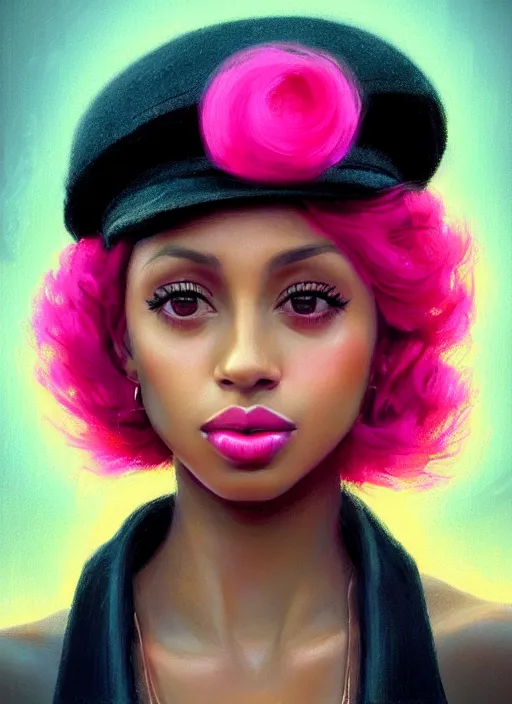 Prompt: portrait of young vanessa morgan with bright pink hair, black girl, vanessa morgan, curly pixie cut hair, wearing newsboy cap, newsboy cap, hoop earrings, intricate, elegant, glowing lights, highly detailed, digital painting, artstation, concept art, smooth, sharp focus, illustration, art by wlop, mars ravelo and greg rutkowski