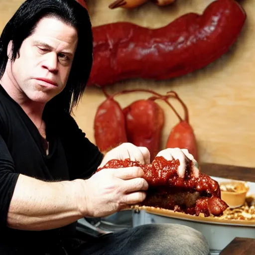 Prompt: Glenn Danzig eating a very messy chili dog. He is wearing a leather vest. Chili and beans have spilled on his bare chest.