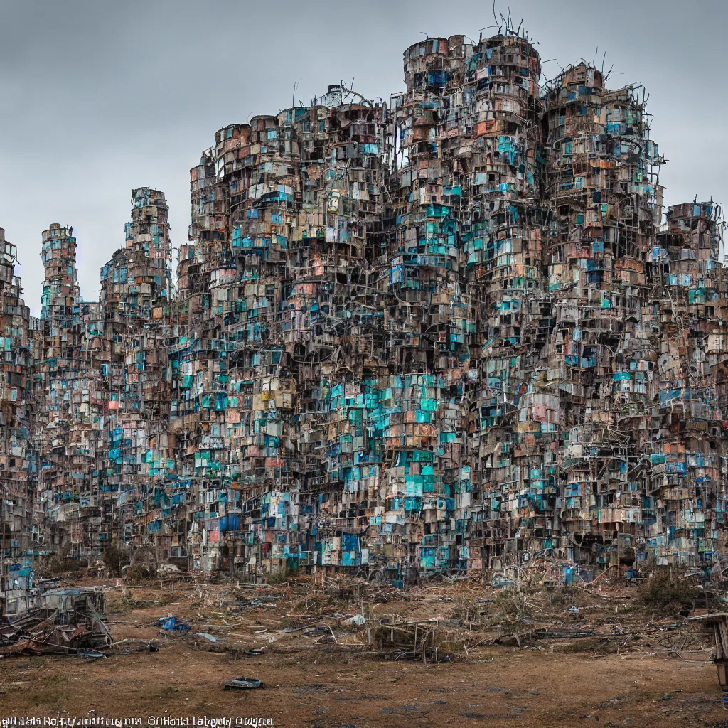 Image similar to circular towers, made up of makeshift squatter shacks with faded colours, dystopia, sony a 7 r 3, f 1 1, fully frontal view, photographed by jeanette hagglund and terry gilliam