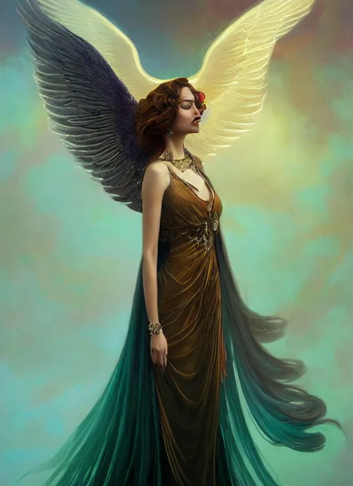 Image similar to ombre velvet gown, beautiful elegant bird woman with wings, portrait, dramatic light on face, long hair, tiara, dozens of jeweled necklaces, by greg rutkowski, brom, anato finnstark, alphonse mucha