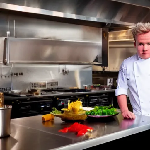 Image similar to hyper real Gordon Ramsey cooking a unicorn in kitchen 4k