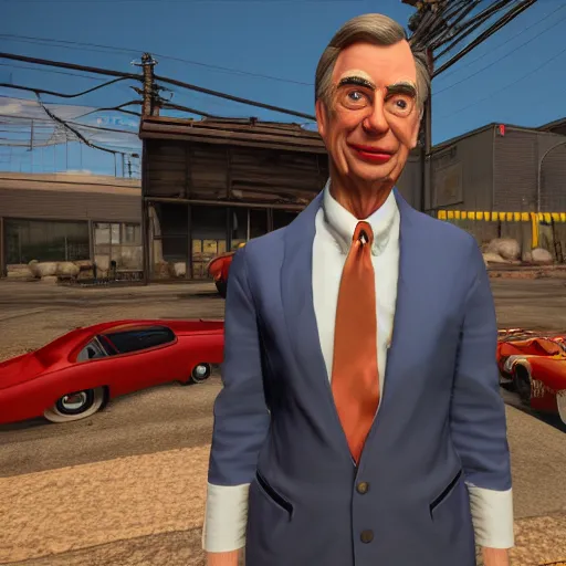 Image similar to wide shot of mr. rogers in the twisted metal video game, render, 8k, unreal engine