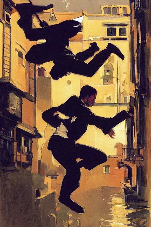 Prompt: a ninja jumping from the roof on a rainy night by joaquin sorolla, syd mead, boneface