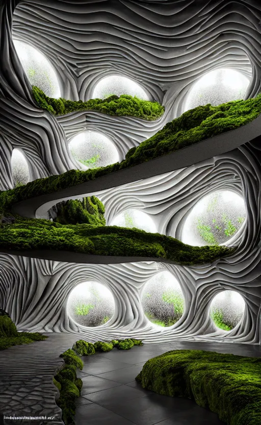 Image similar to highly detailed ultra sharp 3 d render villa interior cinematic composition of a smooth ceramic porcelain biomorphic magnolia stone nebula fluid fractal sci - fi surreal architecture landscape, granite, metallic, magnesium, marble, moss and lichen, vincent callebaut composition, mamou - mani, archviz, beautiful lighting, 8 k, unreal engine, hdr,