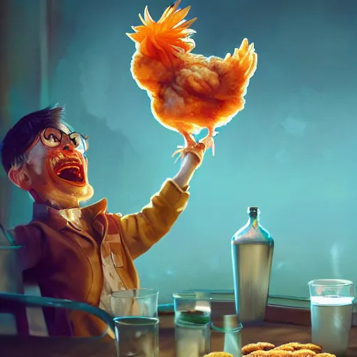 Image similar to a mad scientist in his back yard laughing happily at the chicken nuggets which are falling from the sky , made by Stanley Artgerm Lau, WLOP, Rossdraws, ArtStation, CGSociety, concept art, cgsociety, octane render, trending on artstation, artstationHD, artstationHQ, unreal engine, 4k, 8k,