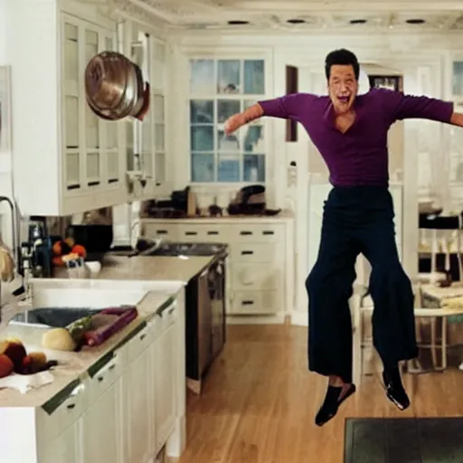 Prompt: jeff goldblum bouncing upside down in his kitchen