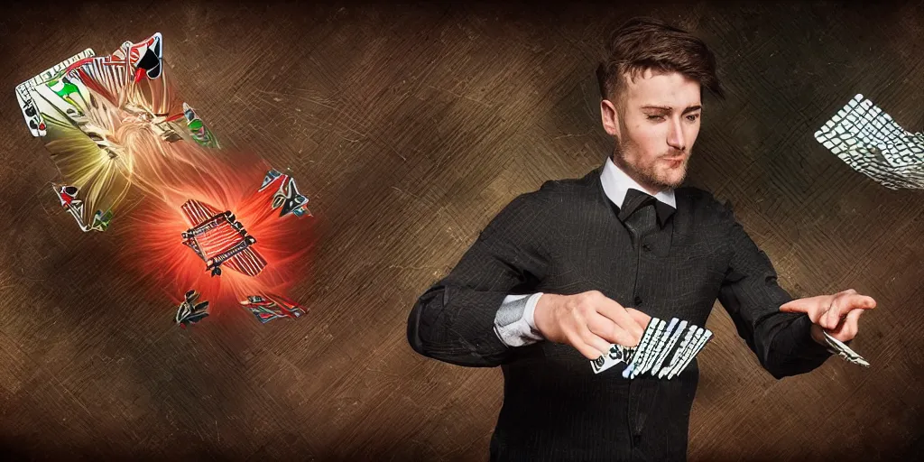 Image similar to man with flying cards, cardistry, fantasy, digital art, highly detailed, 8 k