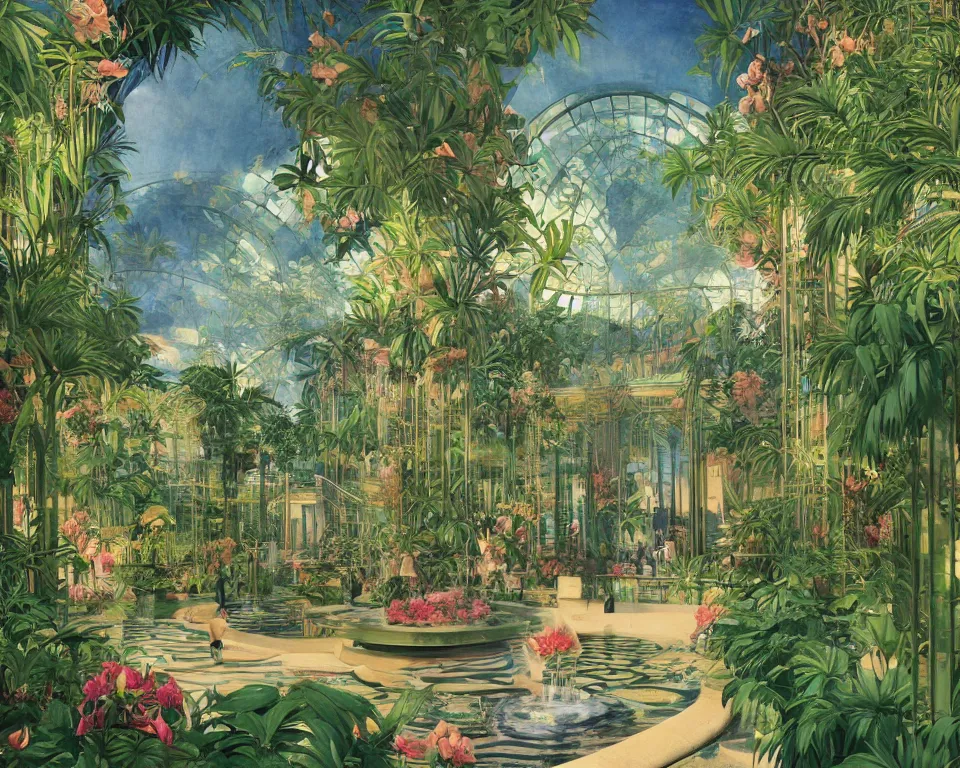 Prompt: an achingly beautiful print of the interior of a glass-walled Art Deco botanic garden, featuring flowing fountains, tropical foliage, and classical antiquities by Raphael, Hopper, and Rene Magritte. detailed, romantic, enchanting, trending on artstation.