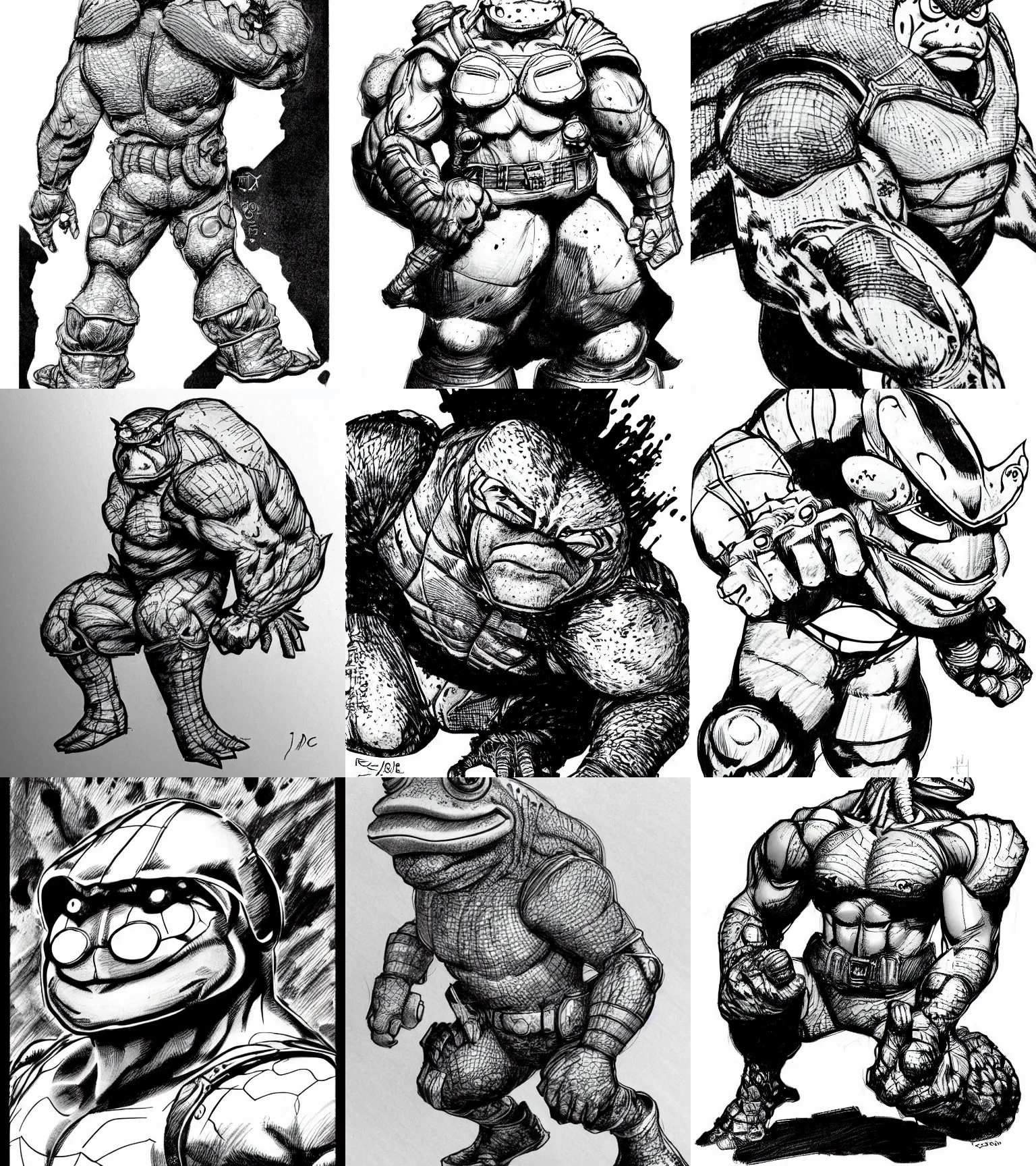 Prompt: toad animal!!! jim lee!!! sideview full shot!! flat grayscale ink sketch by jim lee close up in the style of jim lee, ( attention pose ) cyborg! rugged knight hulk toad animal superhero by jim lee