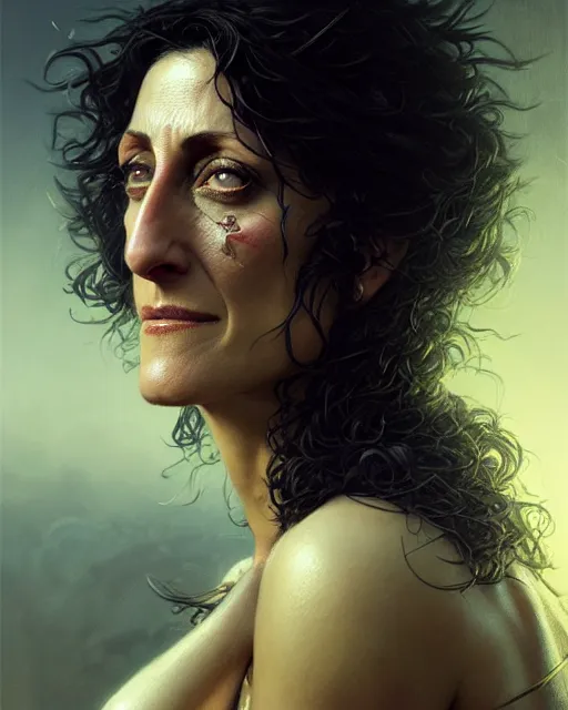 Image similar to lisa edelstein, thicc, character portrait, portrait, close up, concept art, intricate details, highly detailed by greg rutkowski, michael whelan and gustave dore