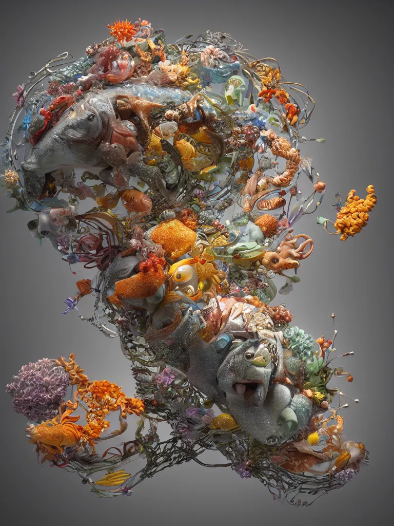 Image similar to a sculpture of fish ocean intertwined, led lighting, a lovely cornucopia of flowers and human body parts, body parts, highly detailed, octane render, cinematic, shock, sharp focus, ball, an independent psycho, clean, studio lighting