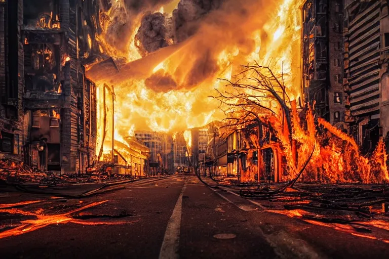 Prompt: destructive fire tornado in the city, photorealistic, highly detailed, sharp focus, vivid, colorful, symmetrical, random, convoluted, mind - blowing, creative, fully functional, end of the world, physics defying, amazing, global warming, night sky