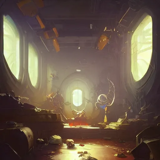 Image similar to A room inside of a sewer lair,The room is cluttered with clithes everywhere and space posters but up,bed, digital art from artstation by Andreas Rocha and Greg Rutkowski and Peter Mohrbacher