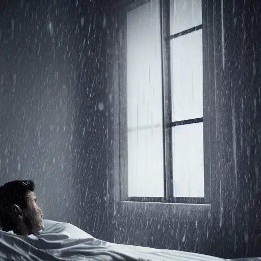 Image similar to a man looking out a window while sitting on a bed in a dark room inside another person's head and it is raining heavily outside cinematic photorealistic 8k octane render exquisite detail