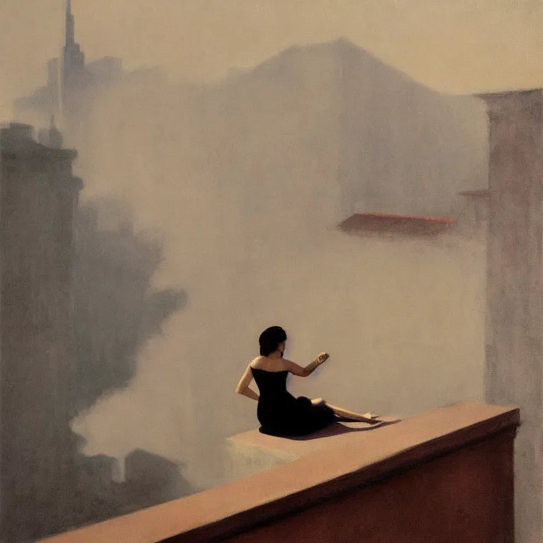 Image similar to woman sitting on a ledge, fog, early morning, , painted by Edward Hopper, Robert McGinnis, painted by Wayne Barlow, airbrush