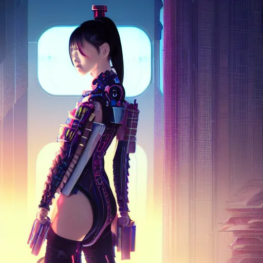 Image similar to portrait futuristic Samurai Girl, in future cyberpunk tokyo rooftop , ssci-fi, fantasy, intricate, very very beautiful, elegant, human anatomy, neon light, highly detailed, digital painting, artstation, concept art, smooth, sharp focus, illustration, art by tian zi and WLOP and alphonse mucha