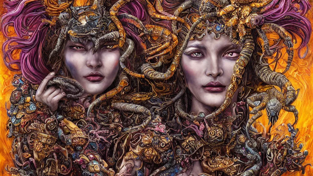 Image similar to portrait of a scorpion goddess, full body shot, rule of thirds, wide angle, amazing landscape background, fantasy, whimsical, horror, art by chengwei pan and josephine wall and hr geiger and amanda sage, intricately detailed, highly detailed, luxurious, elegant, clean, unsettling, trending on artstation