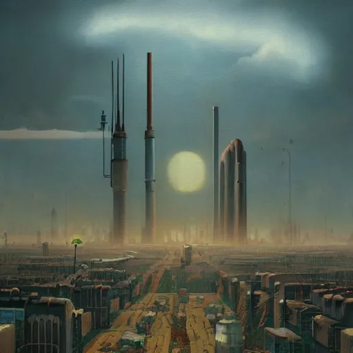 Prompt: An atompunk city with the sun shining through the clouds,buildings,in utopia by Simon Stålenhag and Greg Rutkowski In style of Grant Wood.hyper detailed,8K Resolution,highly realistic.trending on Artstation.oil on canvas