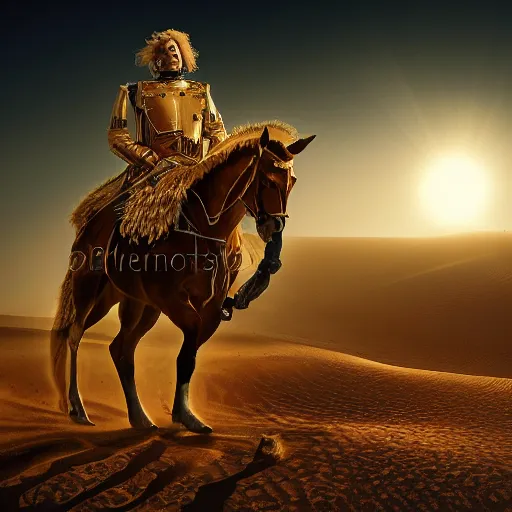 Image similar to illustration, hussar, desert, dusty, natural lighting, golden color of the sun, armor, details, photo realistic, winner of the year's best photo